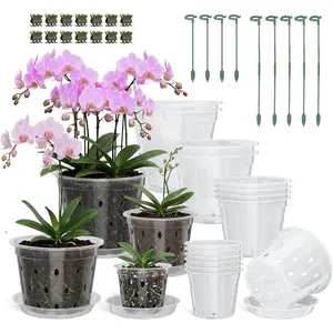 14 Pack Clear Orchid Pots with Holes, 4, 5, 6, 7 Inch Plastic Orchid Pot with Drainage for Repotting, Includes Saucers and  Stakes, Large Small Breathable  Pots for Indoor Outdoor Use