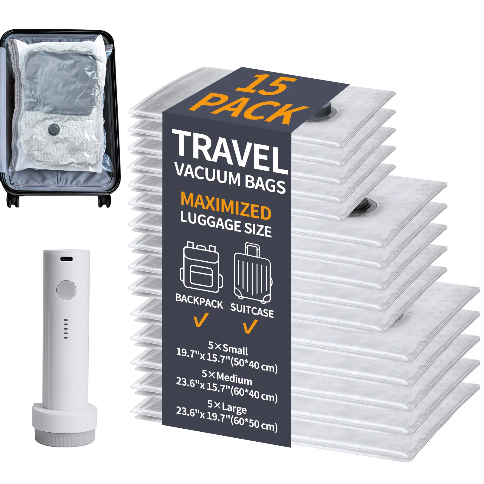 HORTINEST 15-Pack Travel Vacuum Storage Bags Set – Cordless USB Rechargeable Compression Bags in 3 Sizes for Suitcase Organization & Space Saving