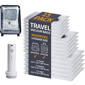HORTINEST 15-Pack Travel Vacuum Storage Bags Set – Cordless USB Rechargeable Compression Bags in 3 Sizes for Suitcase Organization & Space Saving