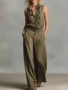 Two-Piece Sleeveless Ruffle Shirt And High-Waist Wide-Leg Pants Set For Women | Retro, Gentle, Stylish, And Sophisticated Look Suitable For Urban Commuting, Casual Dates, And Social Gatherings | Elegant, Spring/Summer, Solid Color