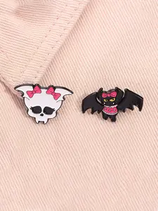 2pcs/set Monster High Enamel Pins Monster Animated Movies Cartoon Black Bat White Skull with Pink Bow Metal Brooches Lapel Backpack Badge Fashion Jewelry Accessories Gifts for Friends