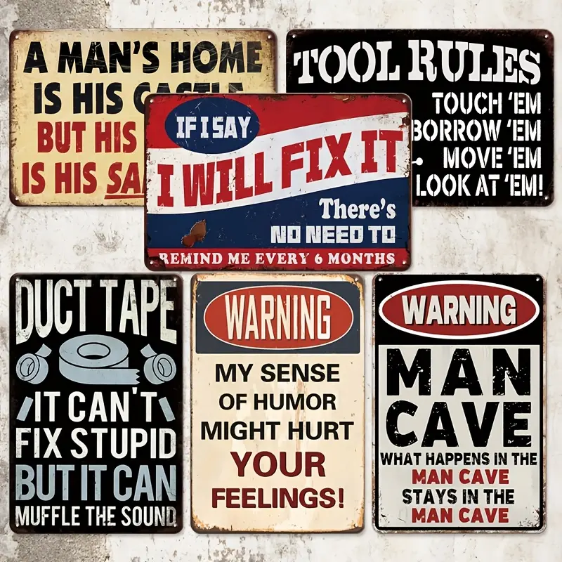 6pcs 8x12in Funny Vintage Metal Plaque Set - Retro Iron Wall Signage, Home Supplies, Adult Study Accent, Wardrobe/Balcony Room Accessory, Creative Small Gift for Husbands, Funny Decor with Vintage Finish That Warms Up Any Room