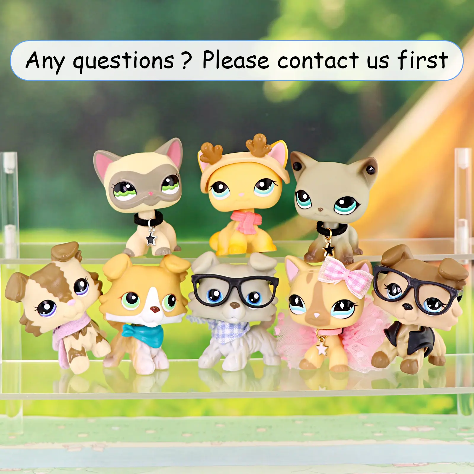 8-Piece Mixed Cartoon Animal Figurines Set with Figures + Props, Big-Eyed Look Mini Collectibles, Dress-Up Accessories, Collie Dog & Cat Toys for Age 12+ Imaginative Play, Desktop Decor Gift