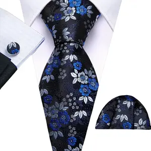 Mens Tie Purple Blue Black Floral Ties Hanky Cufflinks Set Necktie Formal Wedding Dinner Party