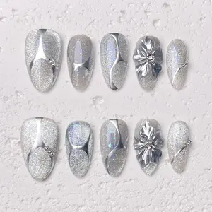 [Chrome] Short Almond Handmade Press on Nails, Fake Nails with Nail tool kit with Jelly Stickers, Reusable, Durable