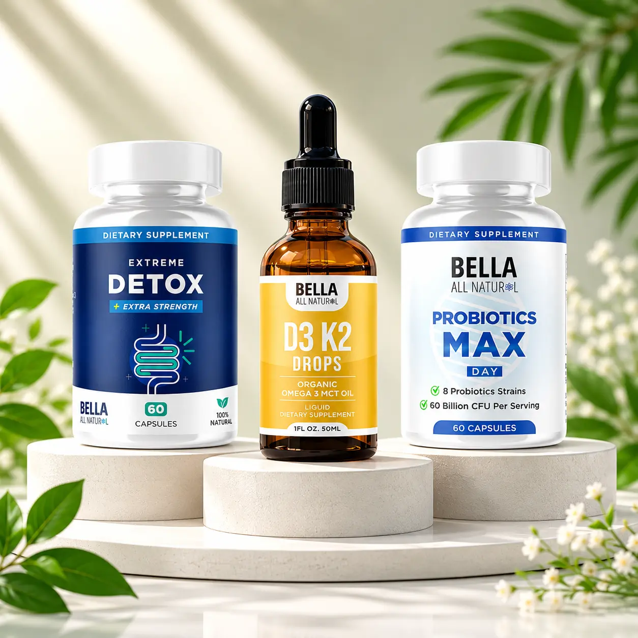 Bella All Natural: Extreme Detox Capsules + D3 K2 Drops + Probiotics Max Day