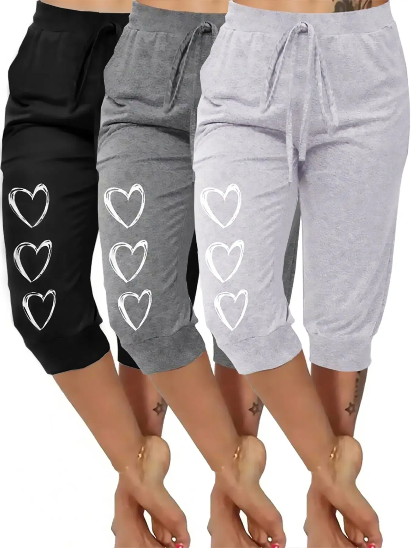 Women's 3 Pieces Plus-Size Heart-Print Sleep Pants, Three-Quarter Cuffed Pants, Casual Comfortable Loungewear, Simple Home Nightwear, Casual Style Loungewear