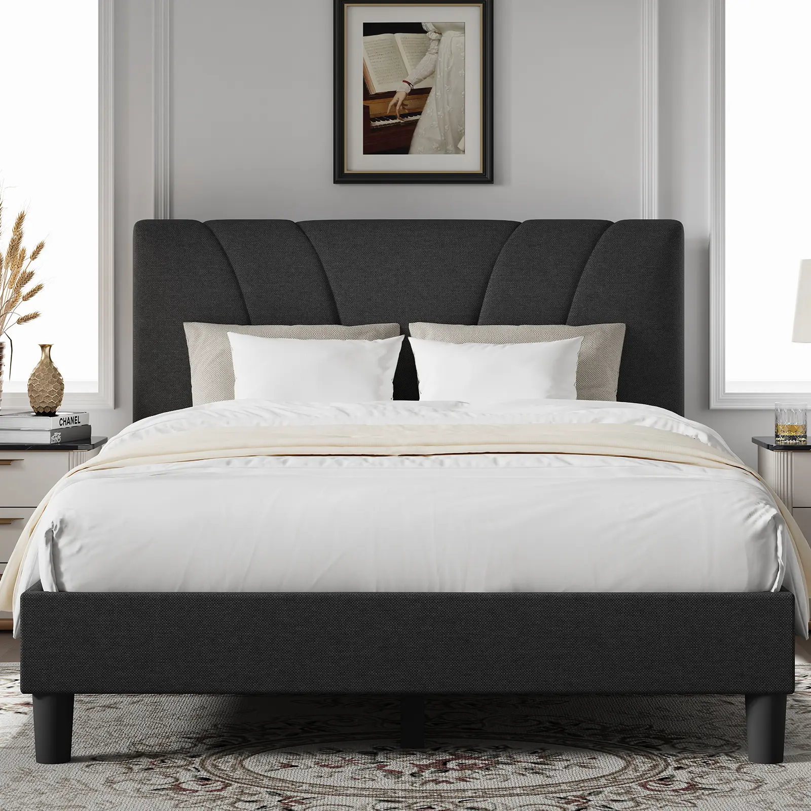 Upholstered Modern Piano-Key Style Platform Bed Frame - Full/Queen/King Fit, Adjustable Headboard, Strong Weight Capacity, No Box Spring Needed, Easy Setup & Assembly, Modern Bed Frame