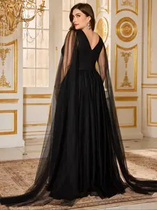 Elegant Heart Neckline Fitted Evening Gown, Long Draped Sleeves, Transparent Waist Design, Large Skirt Hem, Mesh Fabric Woven Formal Dress, Formal Ball Gown, Formal Wear, Womenswear
