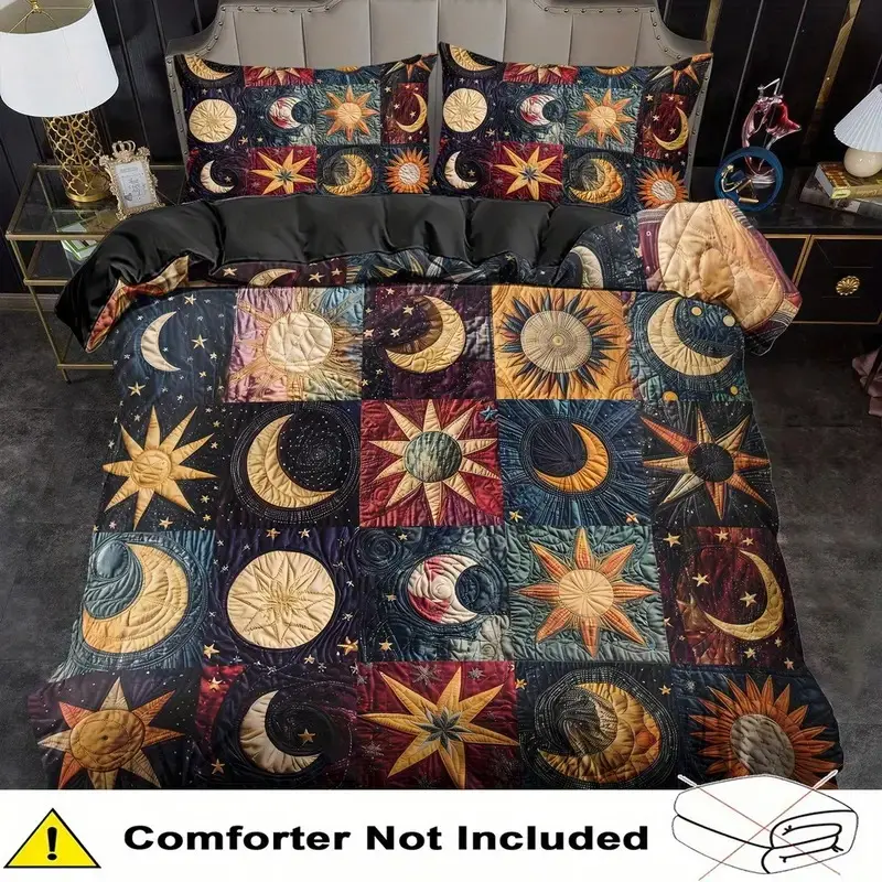 3pcs Patchwork Grid Moon Pattern Print Quilt Set, Soft Polyester Fabric, Zipper Design, Modern Style Comfy Bedding Set, Reversible Quilt Set