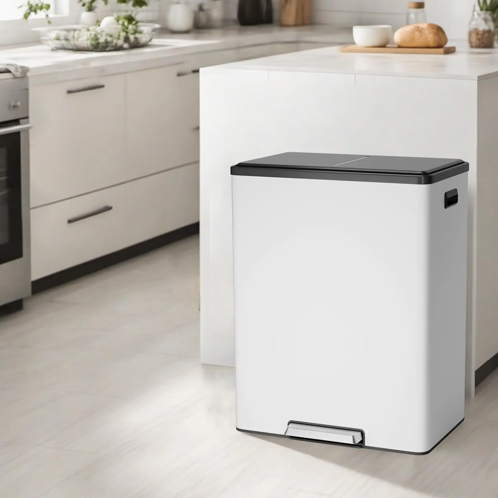 Gaomon 16-Gal (60L) Stainless Steel Dual Kitchen Garbage Can - White Smart Trash Bin with Step Pedal, Fingerprint Resistance, Removable Inner Bin, Suitable for Home, Office, Stainless Steel Bins