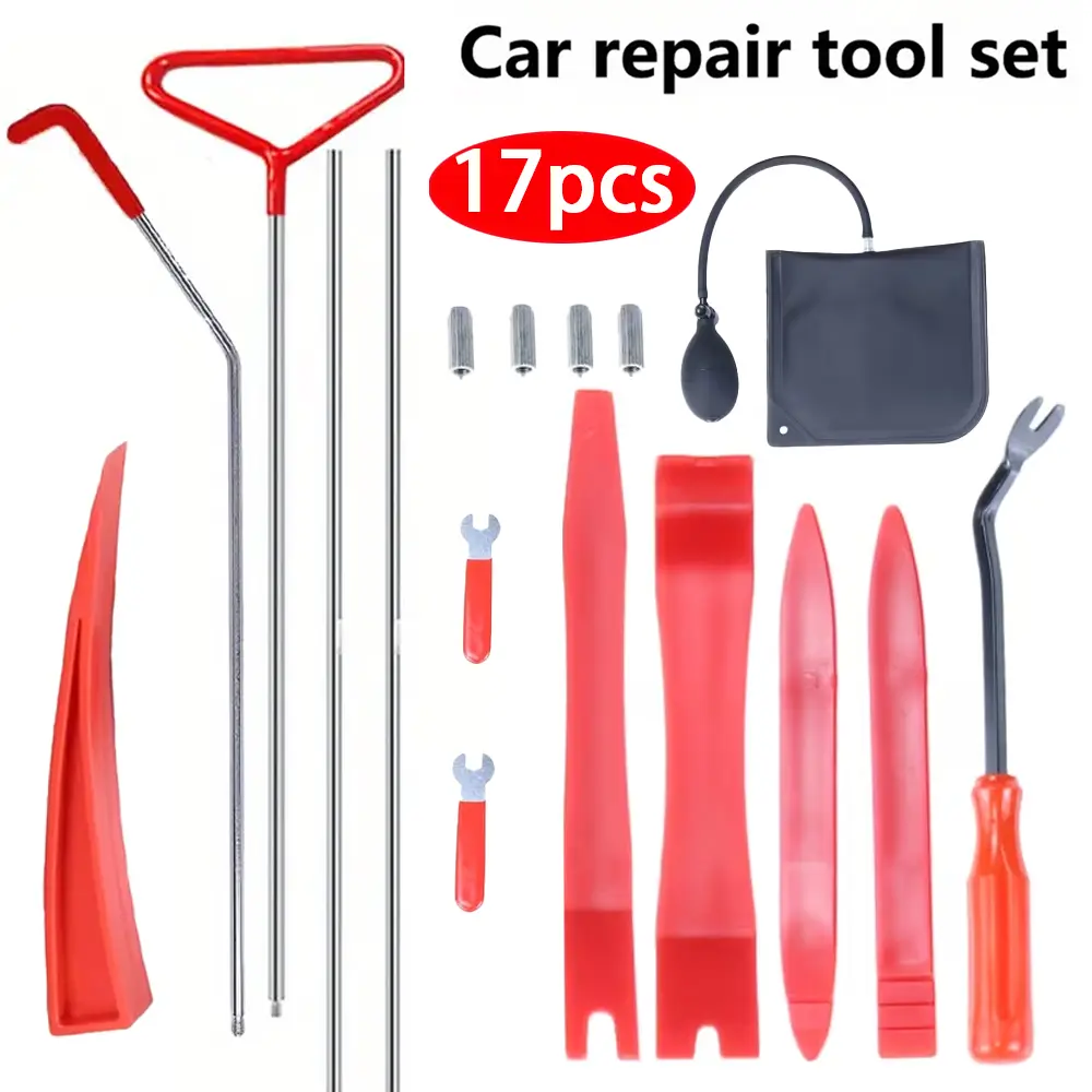 17pcs car body repair tool set, durable stainless steel material, car unlocking tool long handle hook manual tool, car window and door unlocking fixing fixture tool, car auxiliary tool, vehicle maintenance, portable design, reliable performance