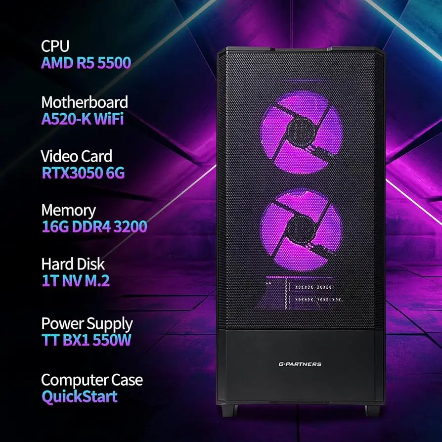 Gaming Tower Desktop PC - AMD Ryzen 5 5500 Processor, NVIDIA GeForce RTX 3050 Graphics Card