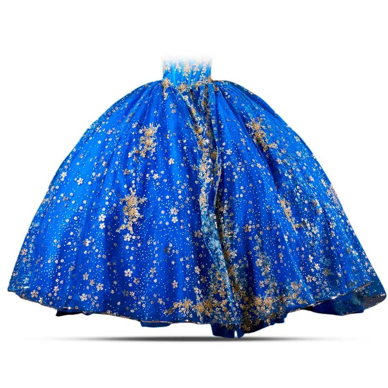 quince dresses blue and gold Luxury Blue Ball Gown Strapless Beaded Floor-Length Satin Quinceanera Dress With Rhinestones main image 0