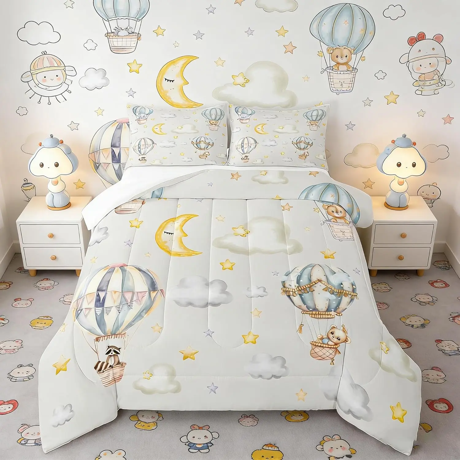 Hot Air Balloon Comforter Set,Cartoon Red Panda Bear Cute Animals Bedding Set Room Decor,Moon Starry Sky Clouds Down Comforter,Blue Grey Duvet Insert