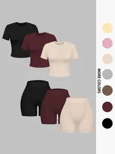 Women's Solid Round Neck Tee & High Waist Shorts Ribbed Set Casual Short Sleeve T-Shirt & Skinny Track Shorts, Women's Summer Clothes, Matching Clothing Set Women, Cute Summer Outfit, Stretchy Outfit Sets
