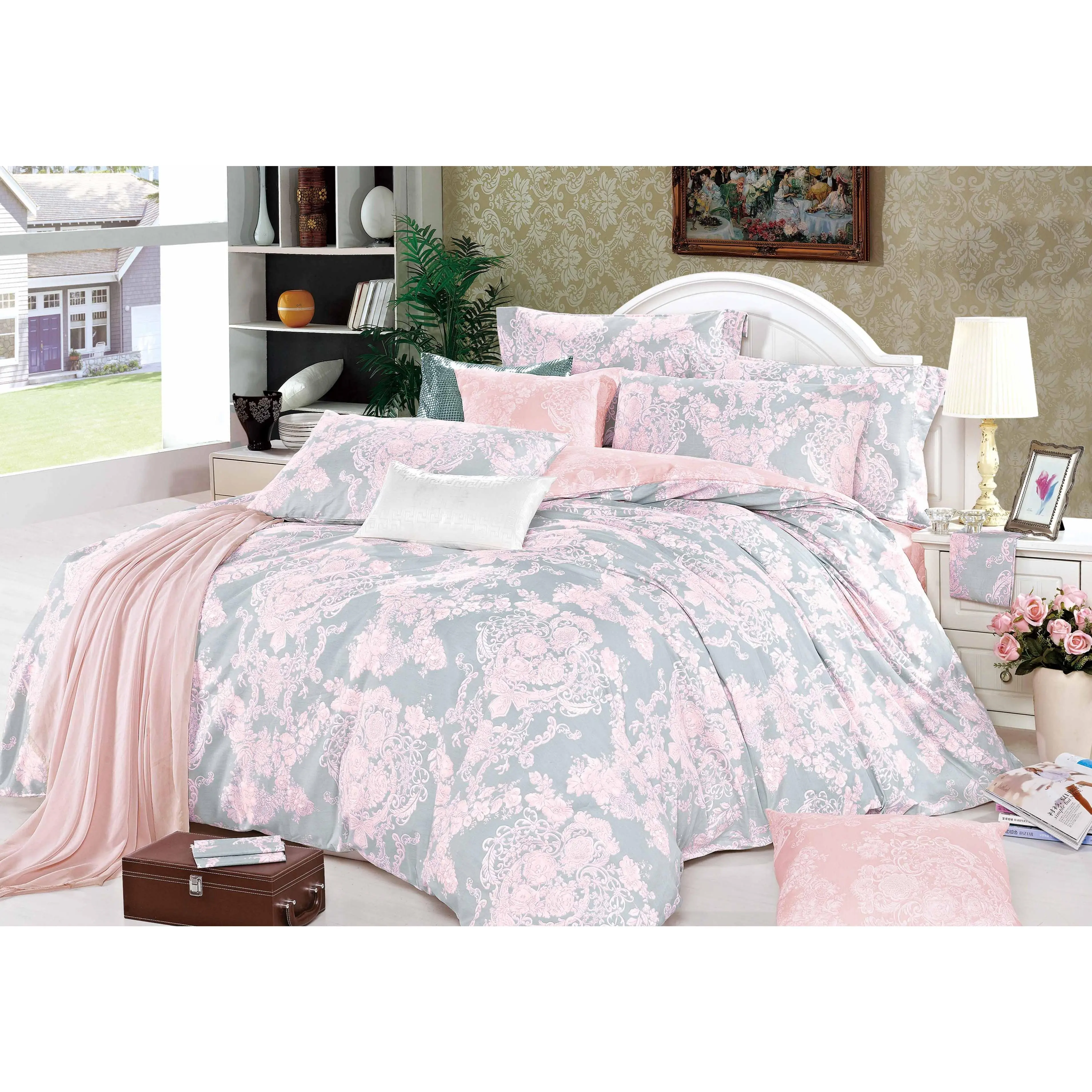 Lauren Pink Damask Reversible Comforter Set 100% Cotton for Ultimate Elegance