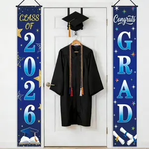 Graduation Party Banner Set, Blue Background with Stars, Graduation Caps, Diplomas, Books Design, Polyester, Indoor Outdoor Decoration, Party Decoration Supplies