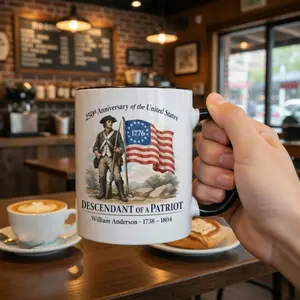 Personalized 250th Anniversary of the United States Mug, Descendant of a Patriot 1776–2026 Coffee Cup