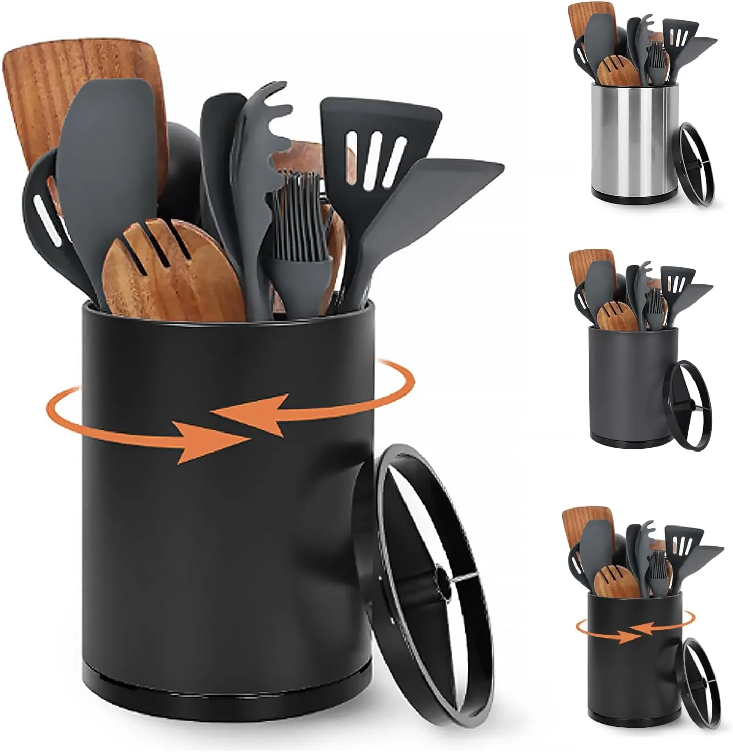 Extra Large High Capacity Stainless Steel Kitchen Utensil Holder - 360° Tool Rotation 3-Compartment Storage Organizer with Removable Base, 3-Compartment Lid, Rubber Accent, Ideal for Family Dinners, Barbecue Parties (Black) Tabletop Knife Block & Storage