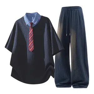 New Summer Men’s Preppy Jacquard Casual Set: Color-block notched lapel tie short-sleeve shirt + high-waisted drawstring wide-leg jeans