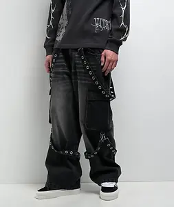 Vitriol Void Strap Black Wash Ultra Wide Cargo Jeans