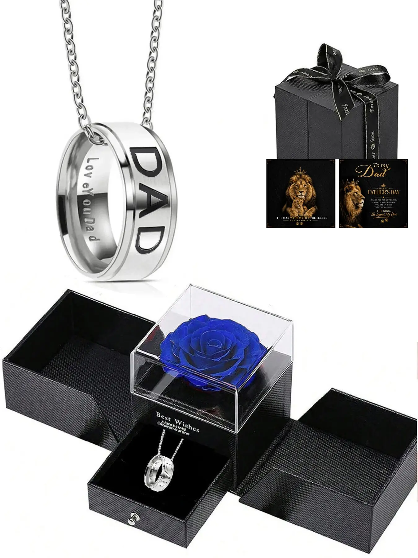 Dad Ring Necklace with Artificial Rose Gift Box, Engraved "I Love You Dad", 2-in-1 Stainless Steel Jewelry, Hypoallergenic, Size 9 Ring, Perfect Father's Day/Birthday Gift for Dad, New Dad & Husband, Sentimental Keepsake, Exquisite Jewelry Gift