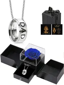 Dad Ring Necklace with Artificial Rose Gift Box | Engraved "I Love You Dad", 2-in-1 Stainless Steel Jewelry, Hypoallergenic, Size 9 Ring, Perfect Father's Day/Birthday Gift for Dad, New Dad & Husband, Sentimental Keepsake