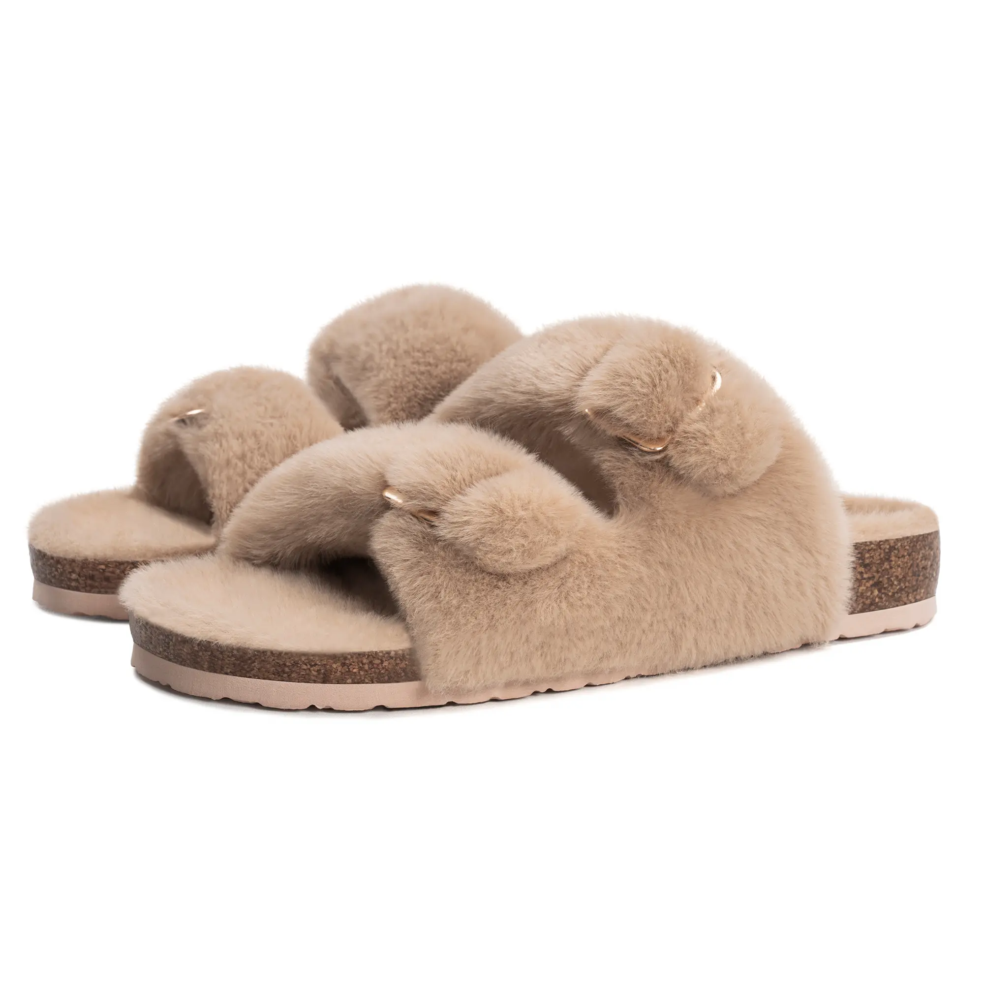 FITORY Women's Adjustable Buckle Furry Slide Sandals, Cork Soft Footbed, Fluffy Open Toe Non Slip for Indoor Outdoor Casual Wear