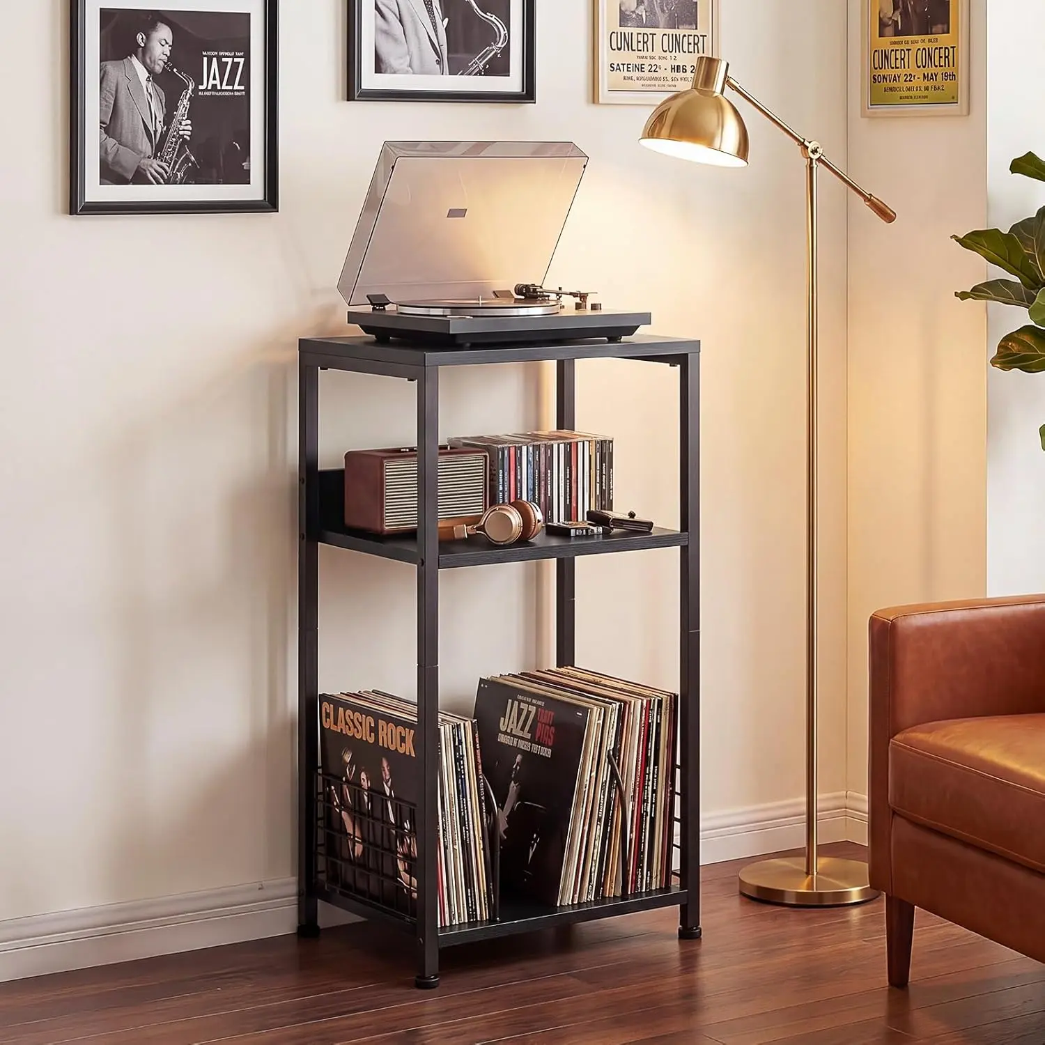 Record Player Stand, 3 Tier 16.9" Wide Industrial Multipurpose Stand, Metal Etagere Bookcase with Storage for Up to 130 Vinyl Albums, Turntable & Printer Side Table for Living Room Bedroom Home Office