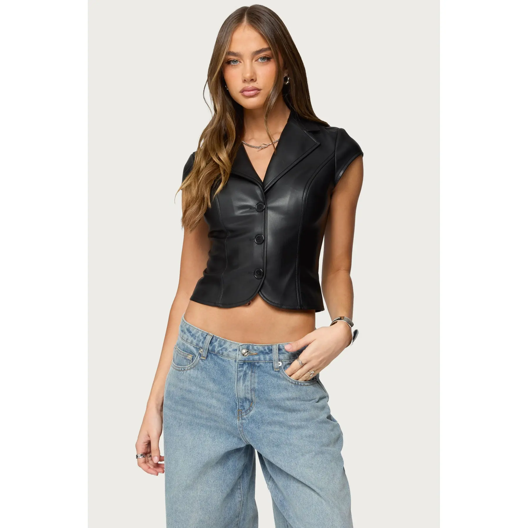 Faux Leather Tailored Button Up Top