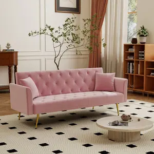 73" Modern Velvet Sofa Bed Futon Convertible Sleeper Couch with Adjustable Backrest, Tufted Recliner Loveseat with Golden Chrome Legs & 2 Pillows for Small Spaces, Living Room, Apartment