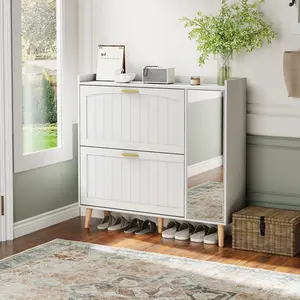 Shoe Cabinet with Mirror, Flip Drawers & Side Cabinet, Wooden Entryway Shoe Storage Organizer