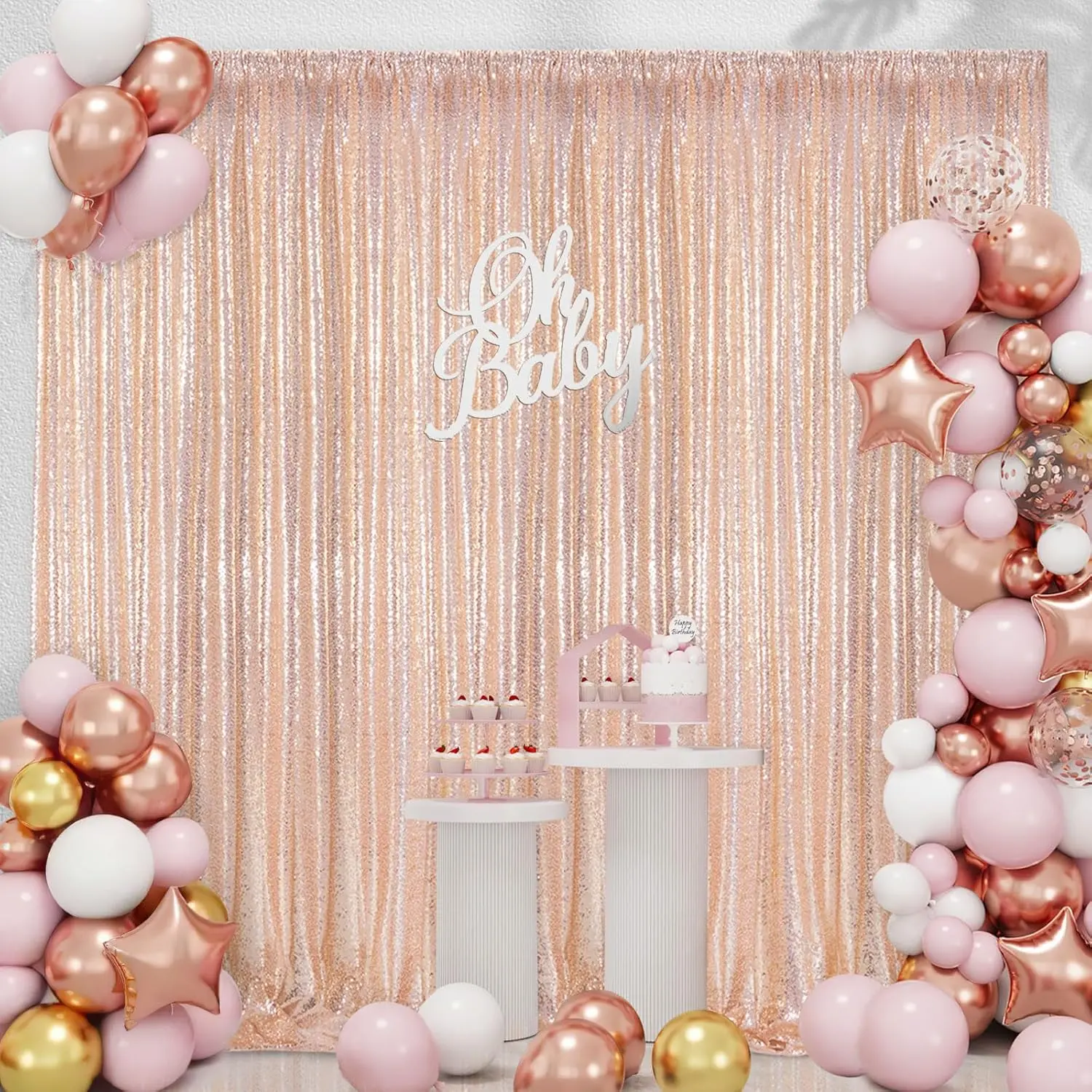 Rose Gold Sequin Backdrop Curtain 7x7ft for Party Banquet Festival Wedding Anniversary Exhibition Durable Mesh Fabric Glitter Effect Easy Install - Banners