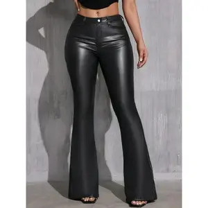 Women's Solid Color PU Leather Flare Leg Pants, Fashion Casual High Waist Bell Bottom Trousers for Daily Outdoor Wear, Women Bottoms for Fall, Womenswear Basic Fitted