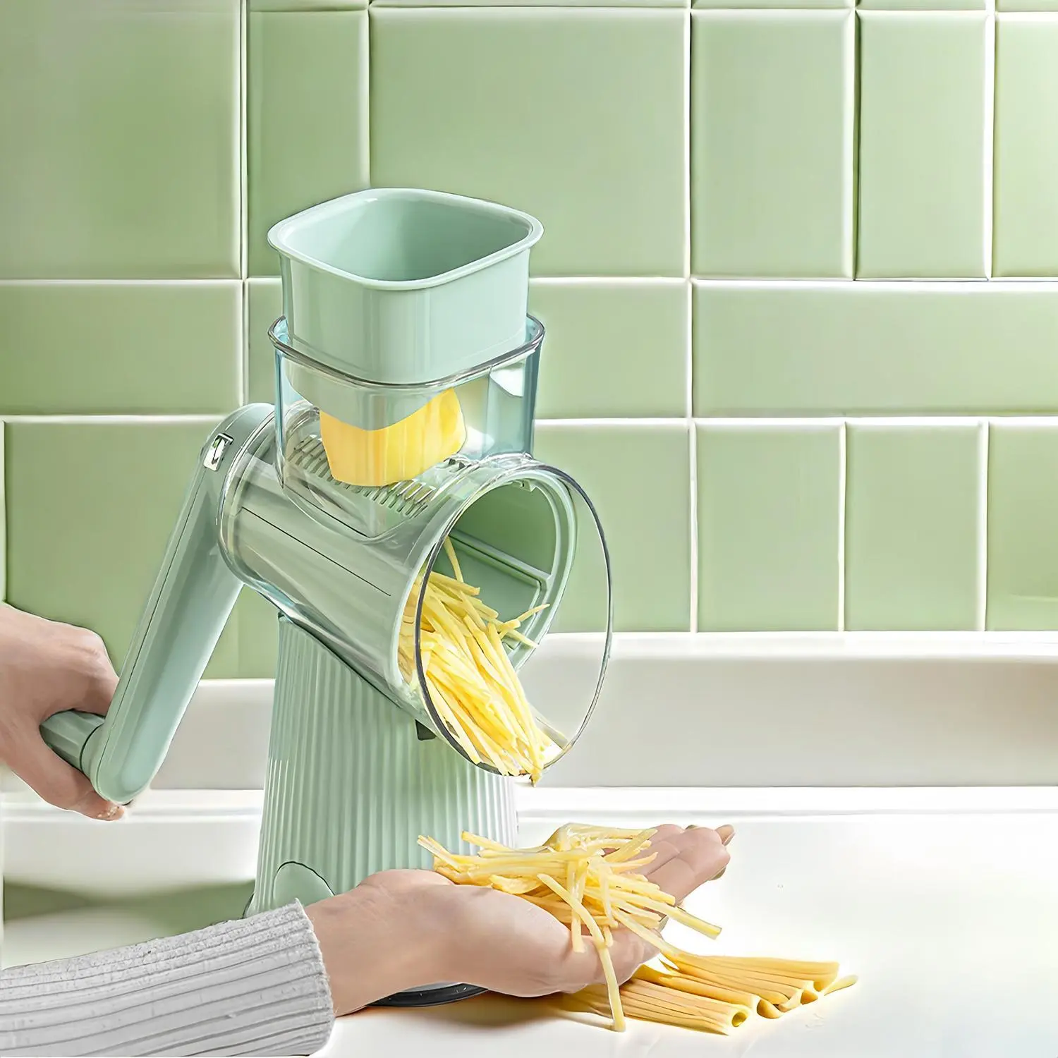 3-in-1 Manual Rotary Kitchen Cheese Grater - Replaceable Stainless Steel Blades, Durable Vegetable Slicer, Vegetable Shredder for Chopping (Green/White)