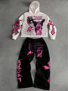 TikTok Viral! Pink Angel Print Fitted Hoodie Sweatshirt and Sweatpants Set, Perfect for Streetwear and Y2K Fashion, Everyday