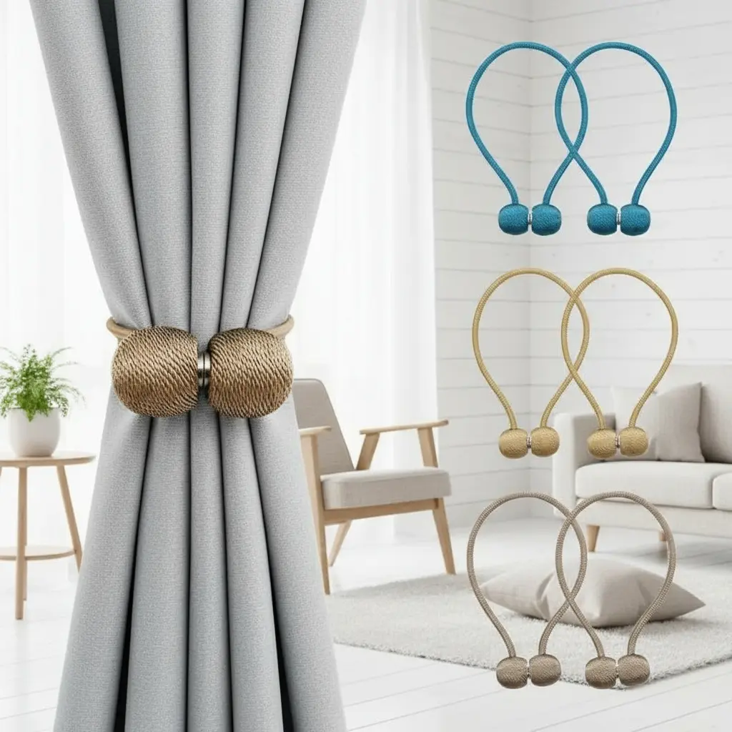 2pcs Magnetic Curtain Tiebacks, Ball Shape Rope Buckle, No Drilling Creative Curtain Straps, Multiple Colors Available, Interior Decoration Accessories, Curtain Tie Backs For Curtains