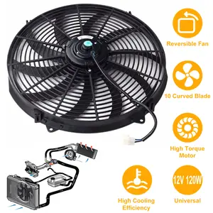 16-Inch Universal Reversible Electric Radiator Cooling Fan (10 Curved Blades) - 12V 3000 CFM, Heavy-Duty Thermostat (200 °   On/180 °   Off), High Torque Motor w/ Sealed Bearings - Complete Kit