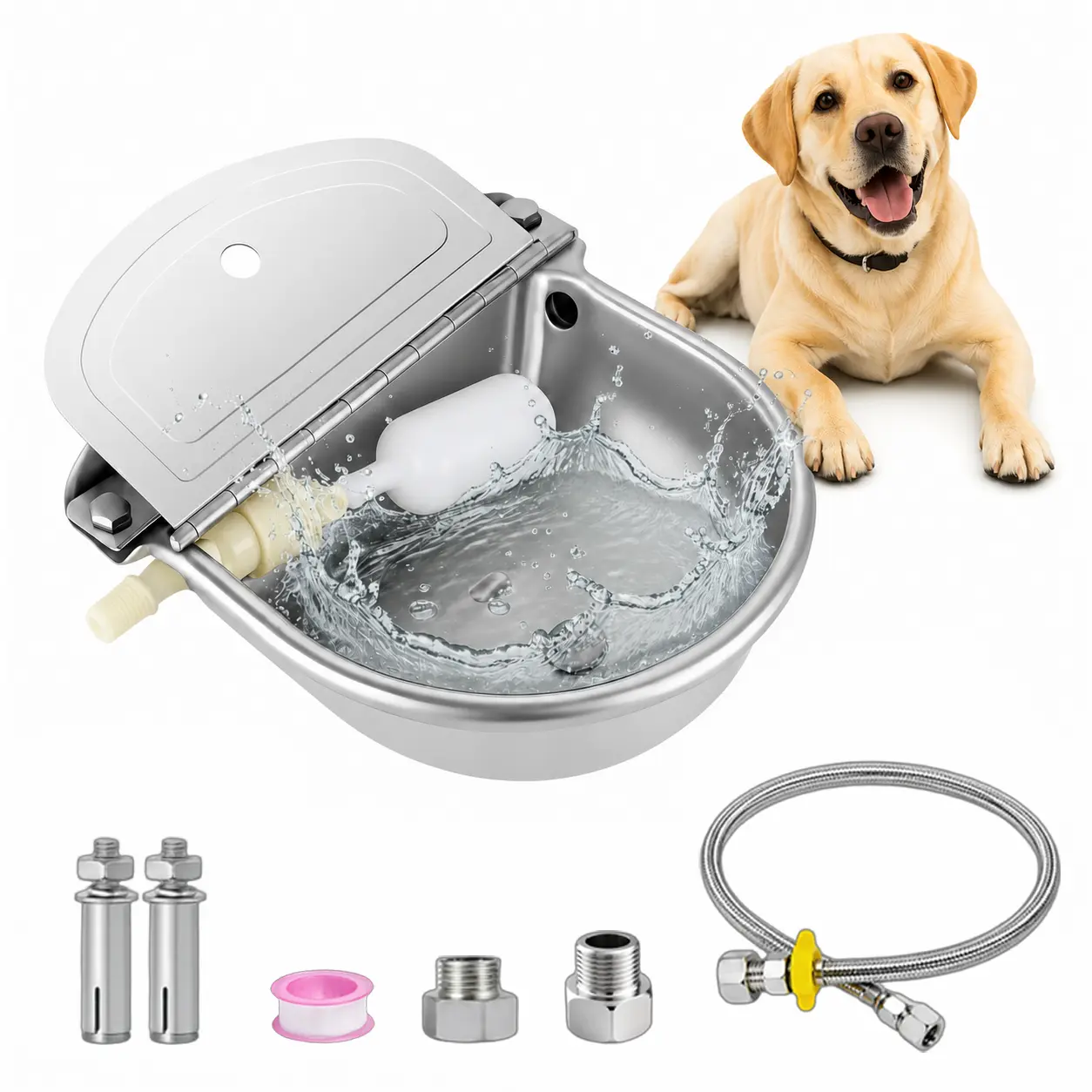 Automatic Stainless Steel Dog Water Bowl with Float Valve, Self-Filling Water Dispenser for Large Dogs and Outdoor Pets