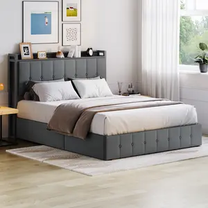 Full Size Lift Up Storage Bed, Tufted Upholstered Headboard, Built-in Charging Ports, Heavy Duty Noise-Free Platform, Grey
