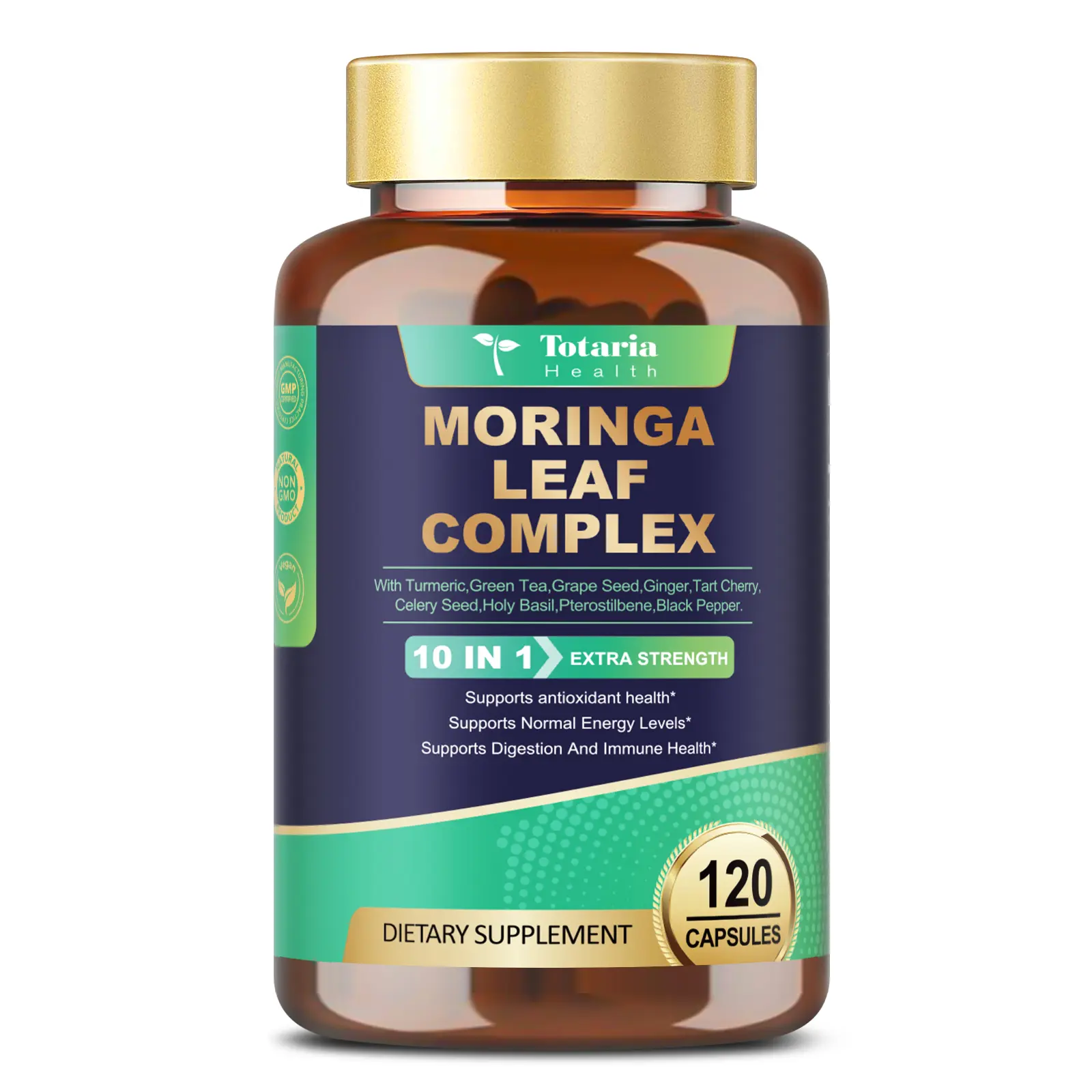 Totaria Moringa Capsules 1500mg Extra Strength - 10 in 1 Moringa Leaf Complex with Turmeric, Green Tea, Grape Seed & Ginger for Energy, Immunity & Antioxidant Support - 120 Vegan Non-GMO Capsules