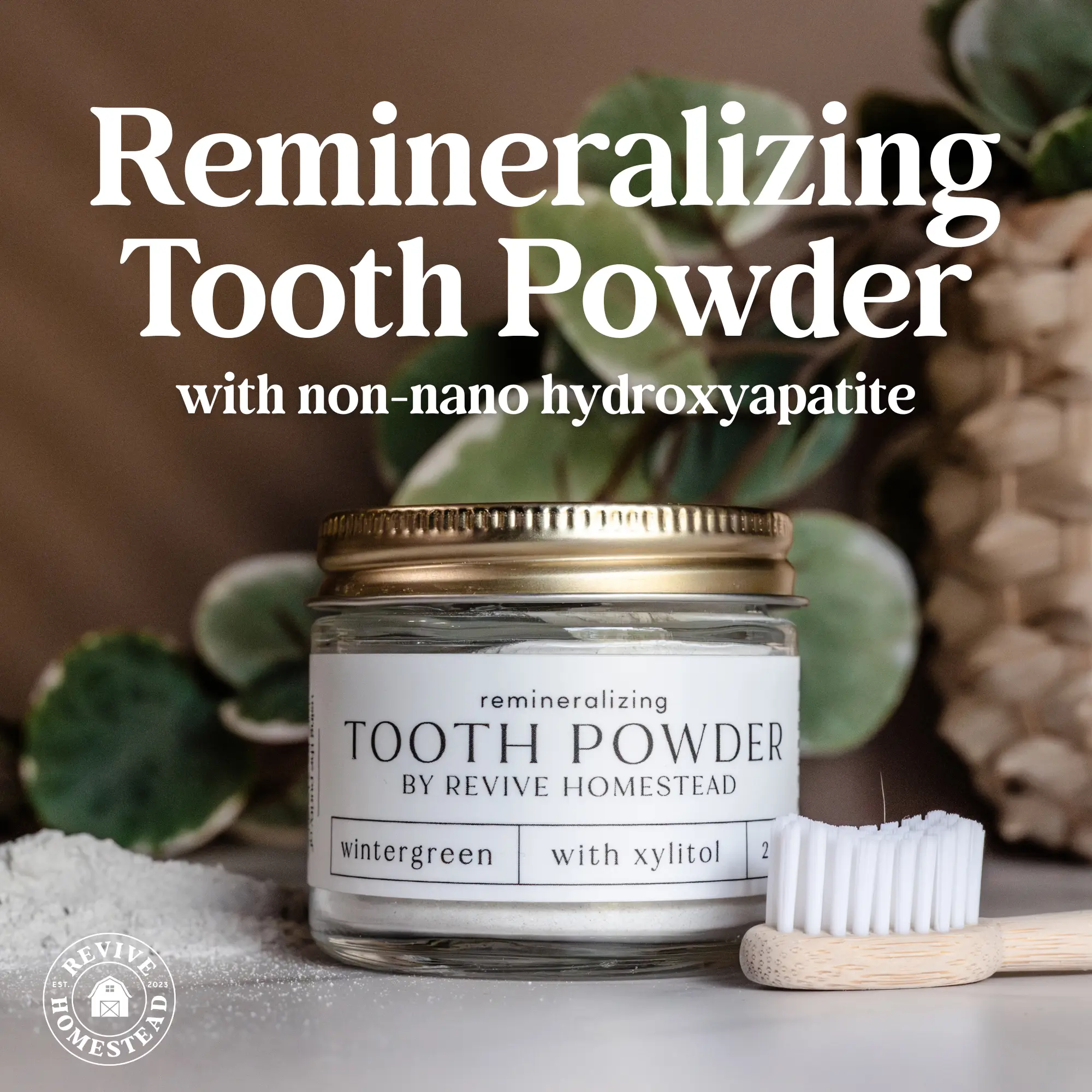 Remineralizing Tooth Powder (2025 formula) - Non-Nano Hydroxyapatite - Revive Homestead - Fluoride-Free, Teeth Whitening, Gentle, Sensitive, Vegan Option, Remineralizing, Natural Toothpaste Alternative for Adults & Kids