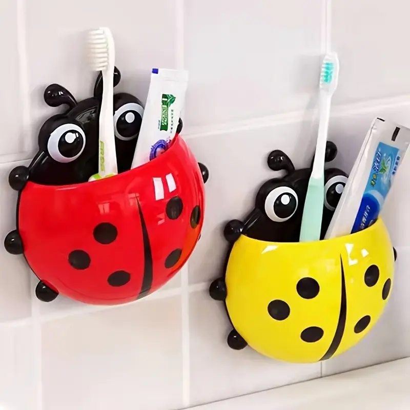 2-Pack Cute Cartoon Wall-Mounted Toothbrush Holder, No-Drill Bathroom Storage Rack, Toothbrush Organizer, Fun Ladybug Design, Ideal for Bathrooms, Dorms, Rvs, Toothbrush Holders Wall Mounted, Toothbrush Holder Organizers