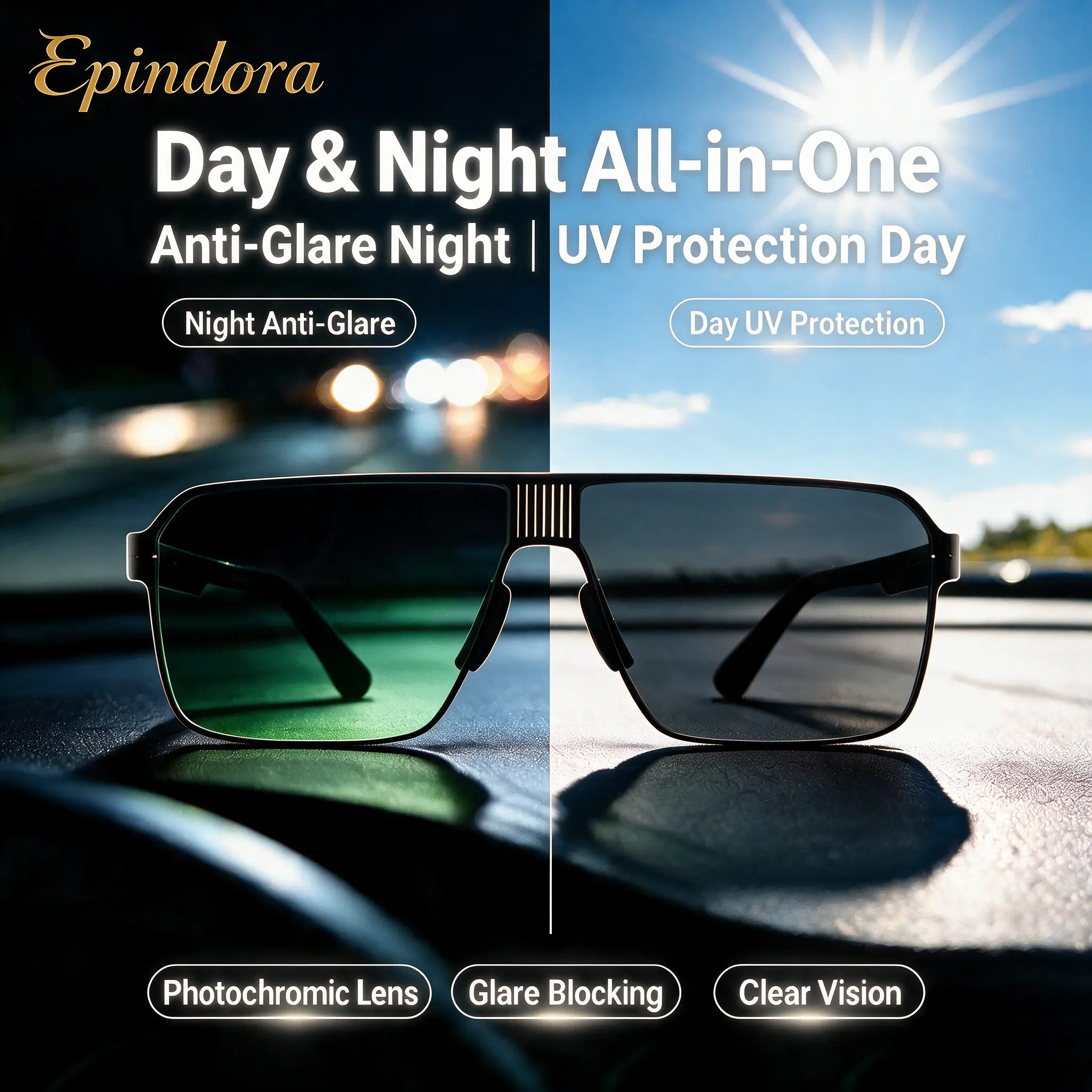 Epindora Male Full Rim Stainless Steel Frame Lightweight Sunglasses - Photochromic Lenses, UV Protection, Glare Reduction, Night Drive Compatible