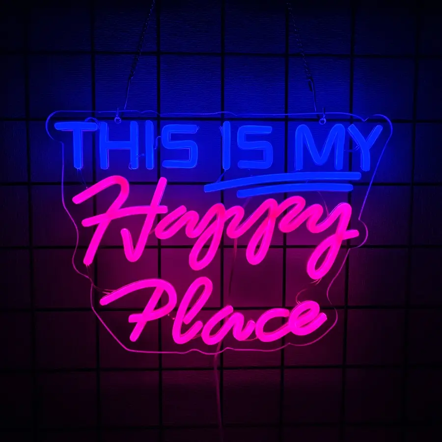 Neon Lights for Wall Decor - This Is My Happy Place Neon Signs for Teen Girls Bedroom Decor, Led Sign for Wall Decor, Nightstand Light,  Switch USB Power, Adhesive Hook Included