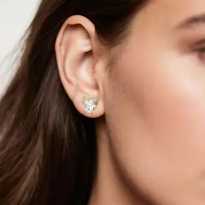 14K Solid Gold Heart Stud Earrings for Women, Cubic Zirconia, D Color VVS1 Clarity, Hypoallergenic, Gift for Birthday Anniversary