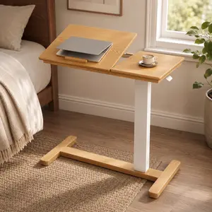 Adjustable Rolling Side Table with Hidden Wheels, Solid Wood Lift-Top Laptop Desk for Sofa, Couch & Small Spaces