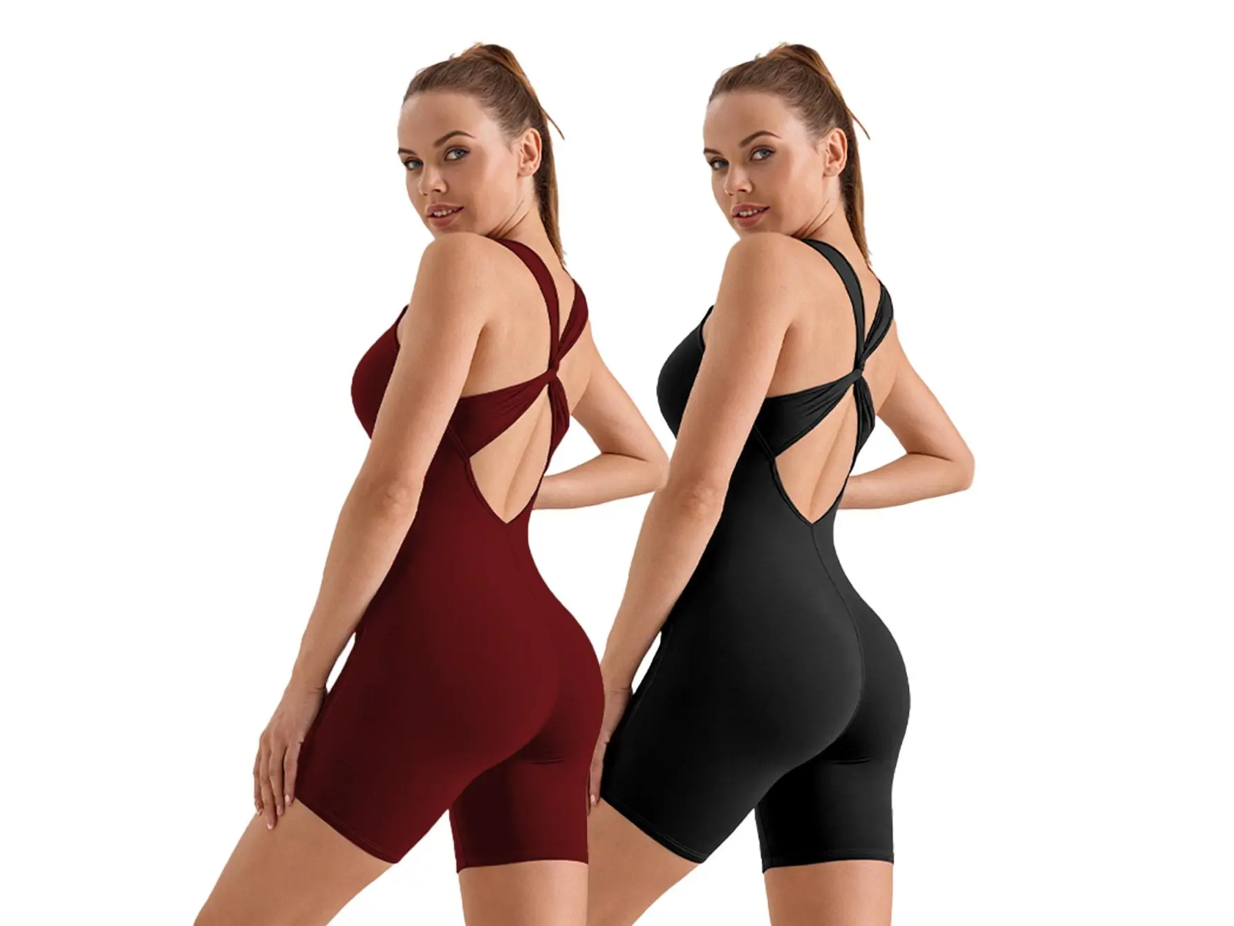 Women's Sports Jumpsuits (2pcs) - V-neck, Skinny Fit, Crossover Back, With Chest Pad, For Running