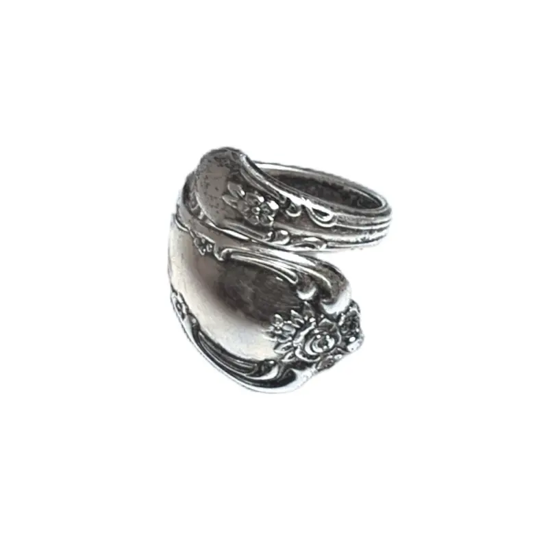 Vintage Sterling Silver Spoon Ring – Floral Pattern – Adjustable Band